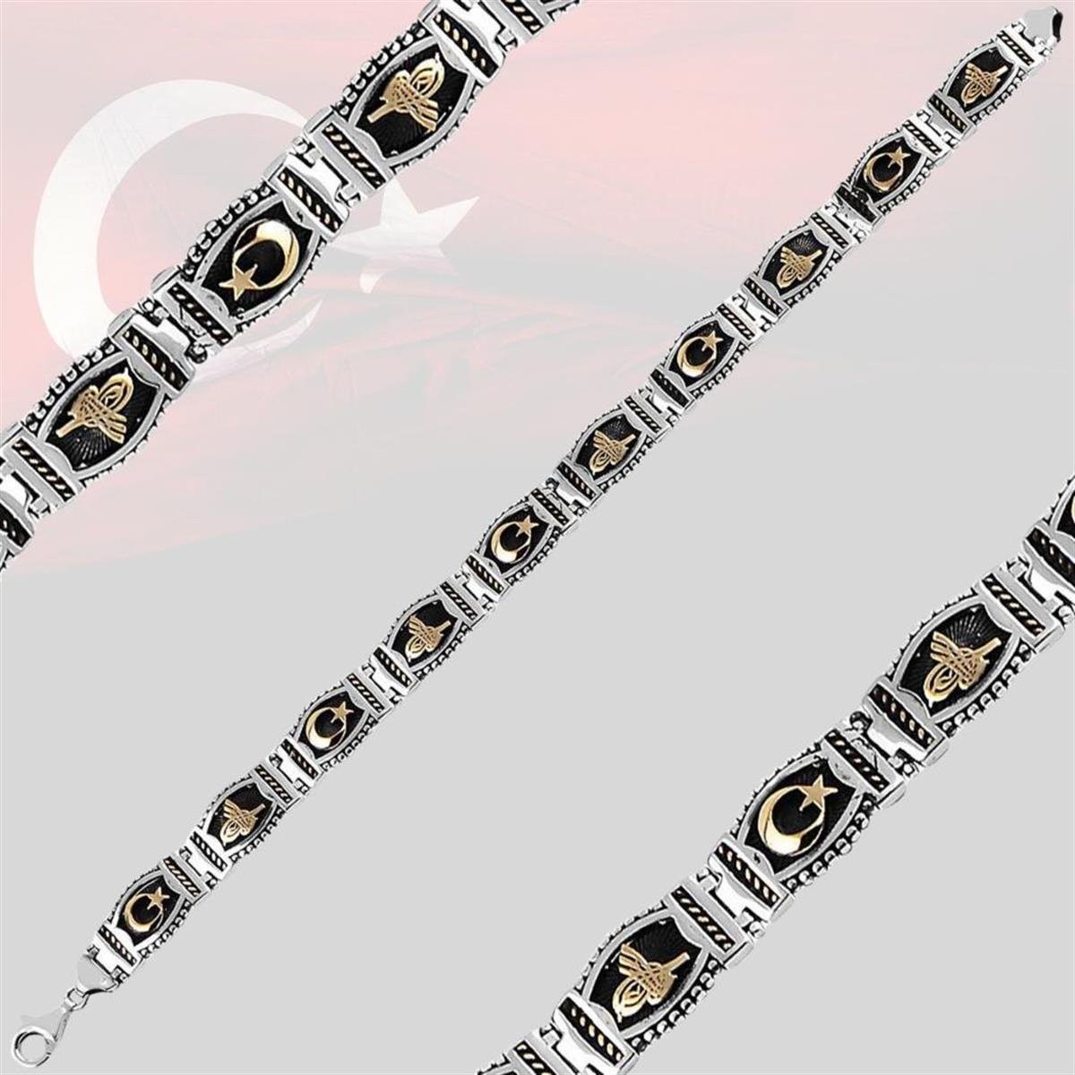 Osmanlı Tuğra ve Ay Yıldız Motifli Gümüş Erkek Bileklik