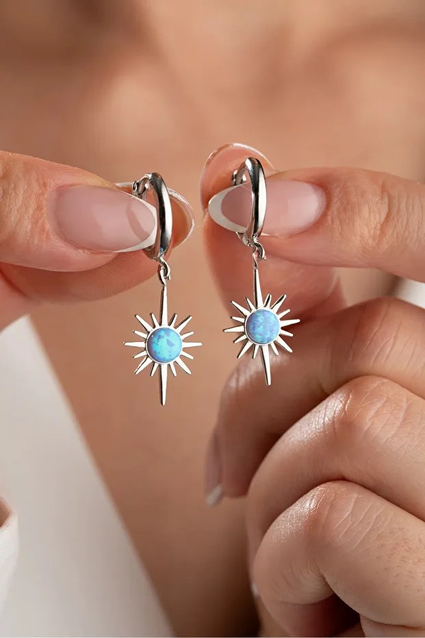Gümüş Opal Taşlı Kutup Yıldızı Küpe