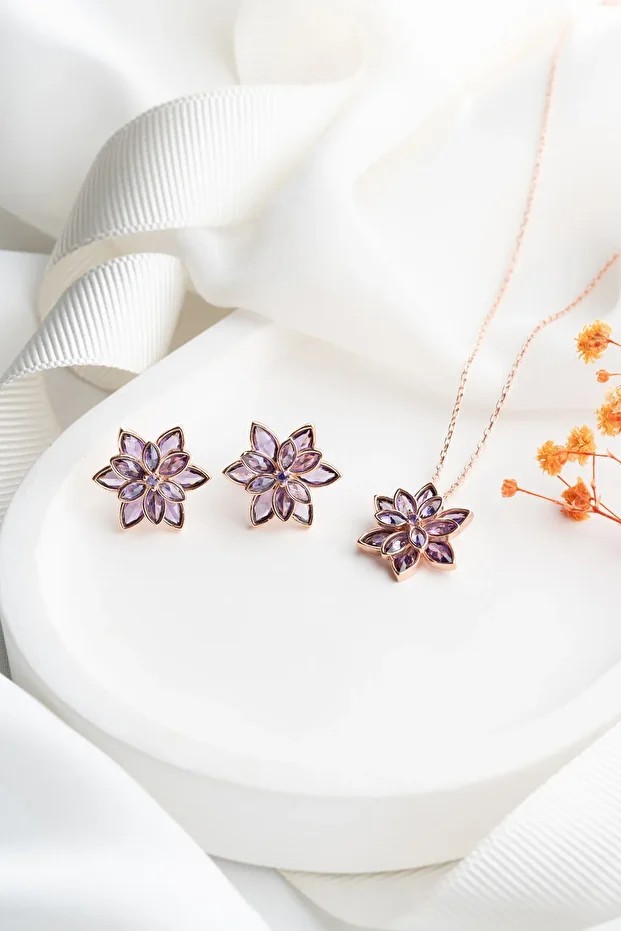 Lotus Çiçeği Gümüş Kolye Küpe Set