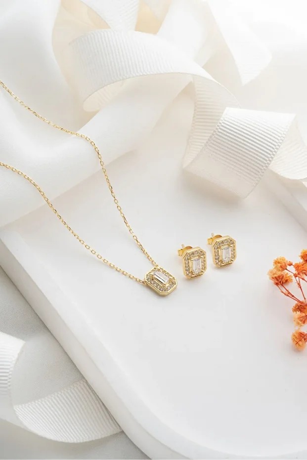 Gümüş Gold Baget Zirkon Taşlı Kolye Küpe Seti