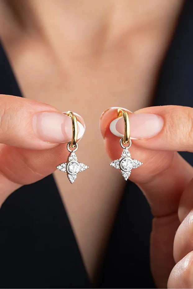 Gümüş Gold Yıldız Küpe