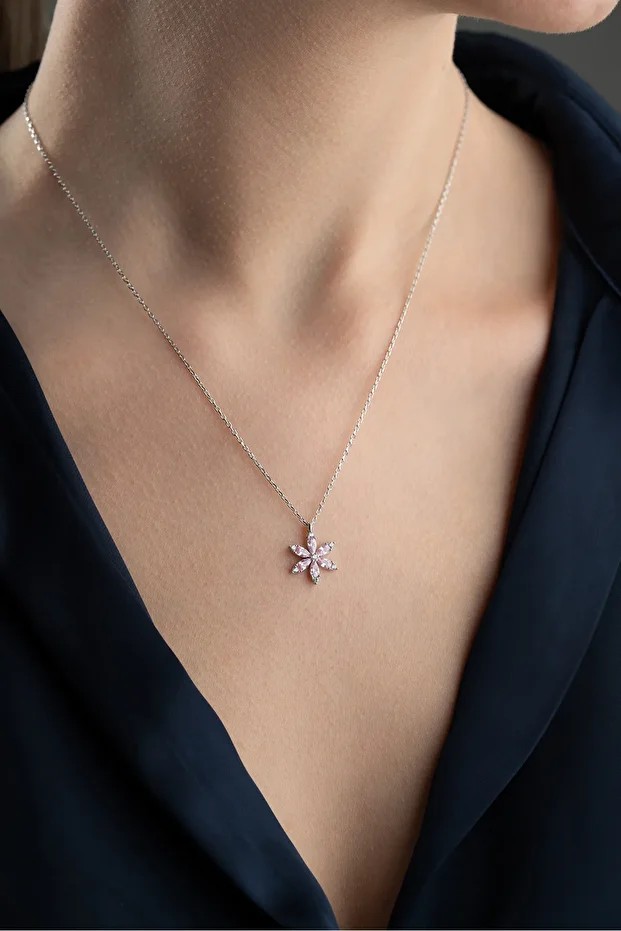 Gümüş Pembe Taşlı Lotus Kolye