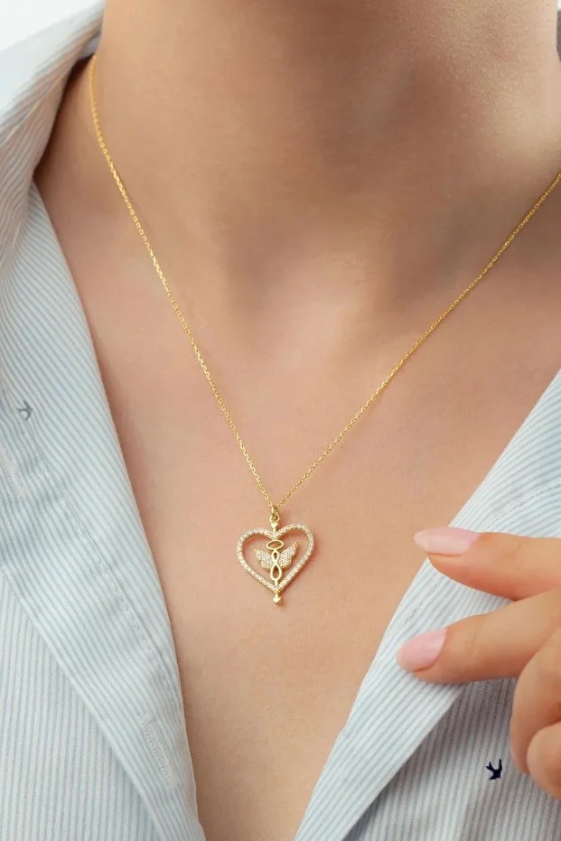 Gold Kelebekli Kalp Gümüş Kolye