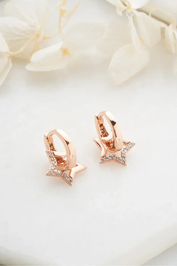 Gümüş Rose Zirkon Taşlı Yıldız Küpe
