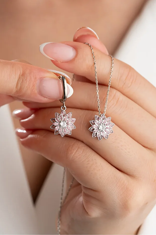 Gümüş Pembe Taşlı Kolye Küpe Set