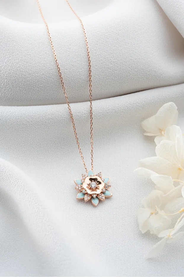 Gümüş Rose Mavi Mineli Lotus Kolye