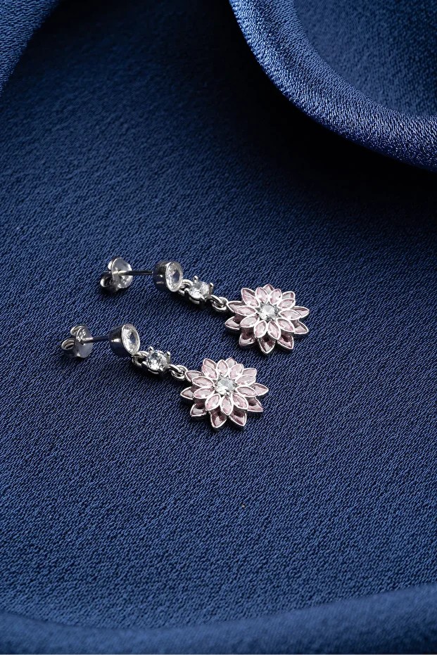 Gümüş Pembe Tektaşlı Lotus Küpe