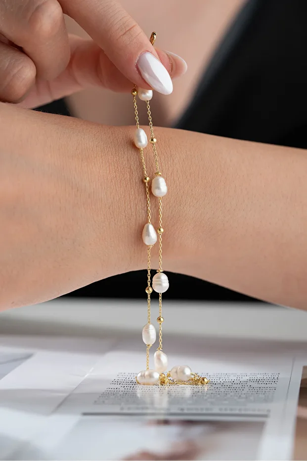 Gümüş Çift Sıra İncili Zincir Bileklik