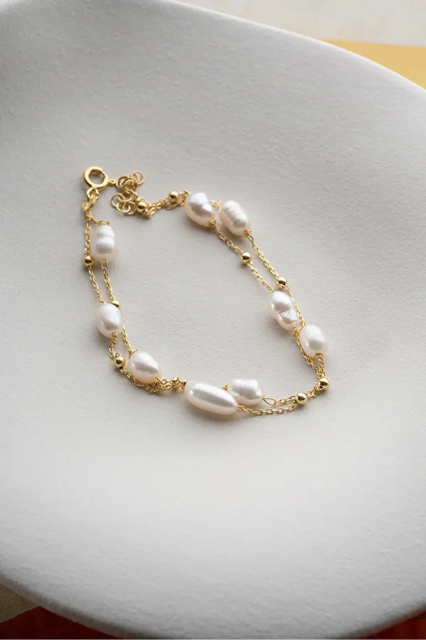 Gümüş Çift Sıra İncili Zincir Bileklik