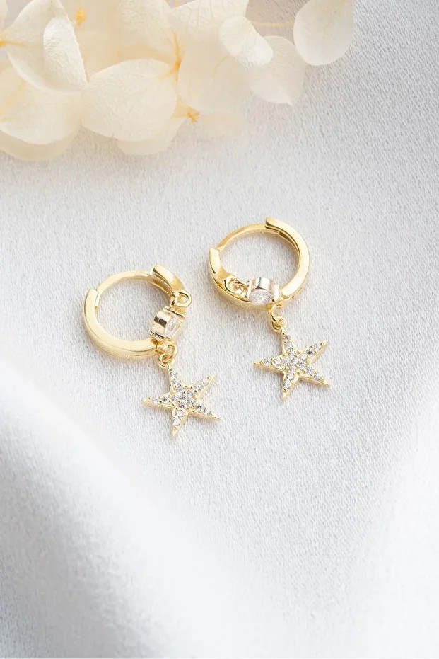 Gümüş Gold Çift Taşlı Yıldız Küpe