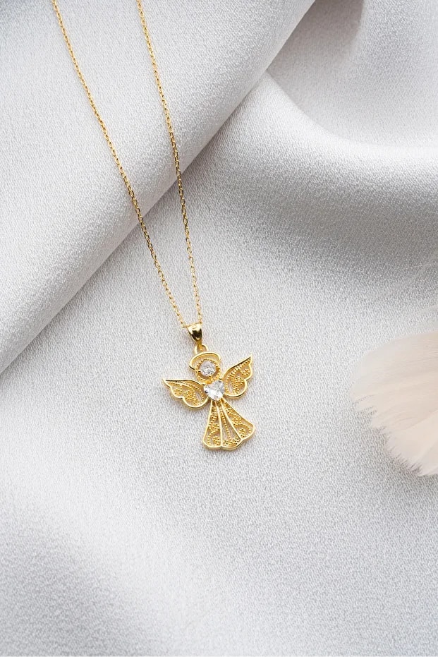 Gümüş Gold Işıklı Kutu Kalp Tektaş Melek Kolye