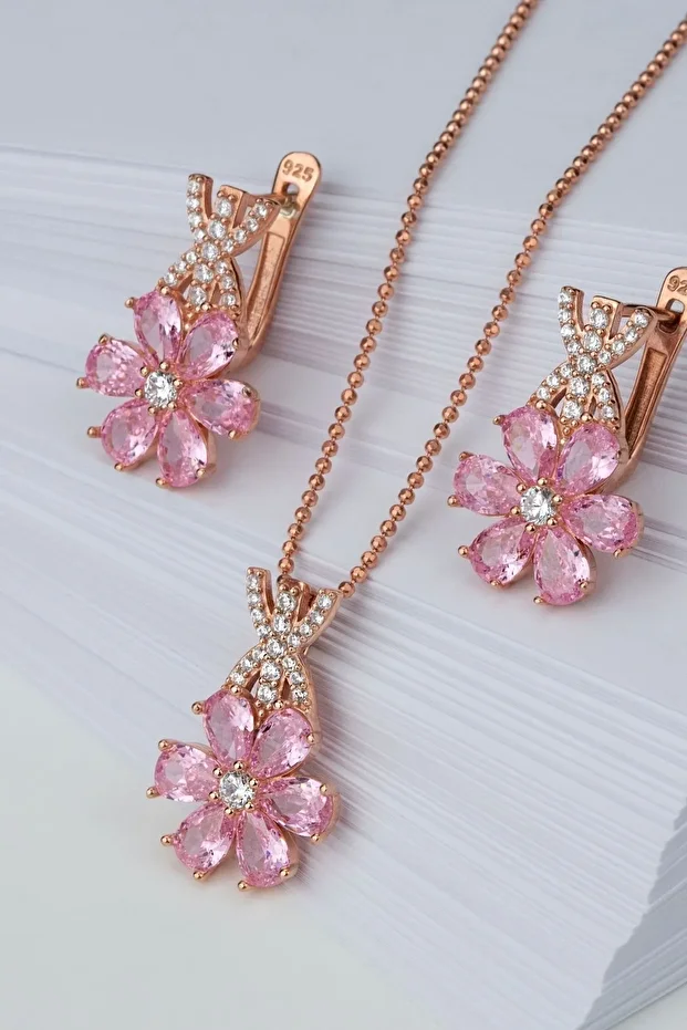 Gümüş Lotus Çiçeği Kolye-küpe Takı Seti