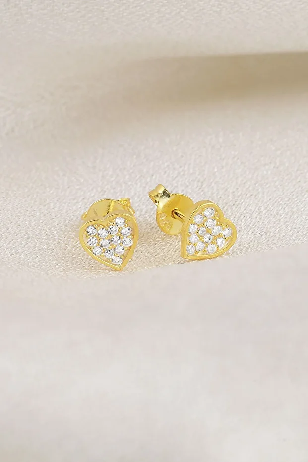 Gold Zirkon Taşlı Kalp Gümüş Küpe
