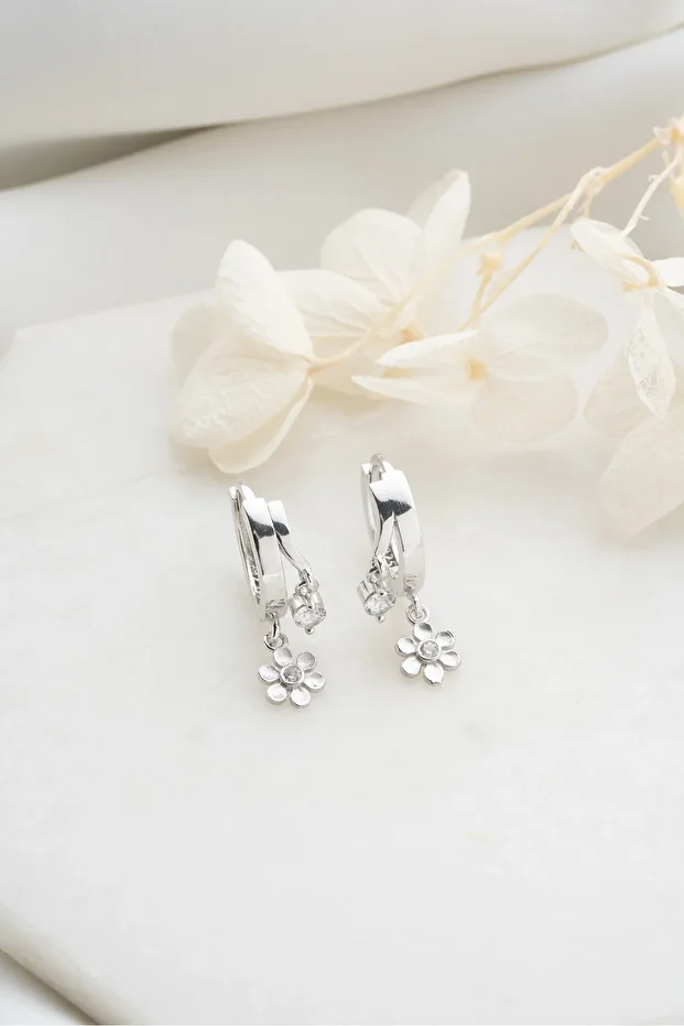 Gümüş Çift Çiçek Taşlı Küpe