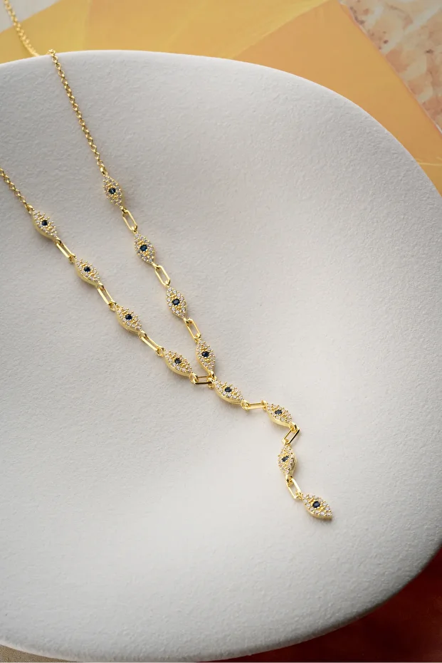 Gümüş Taşlı Y Zincir Göz Kolye