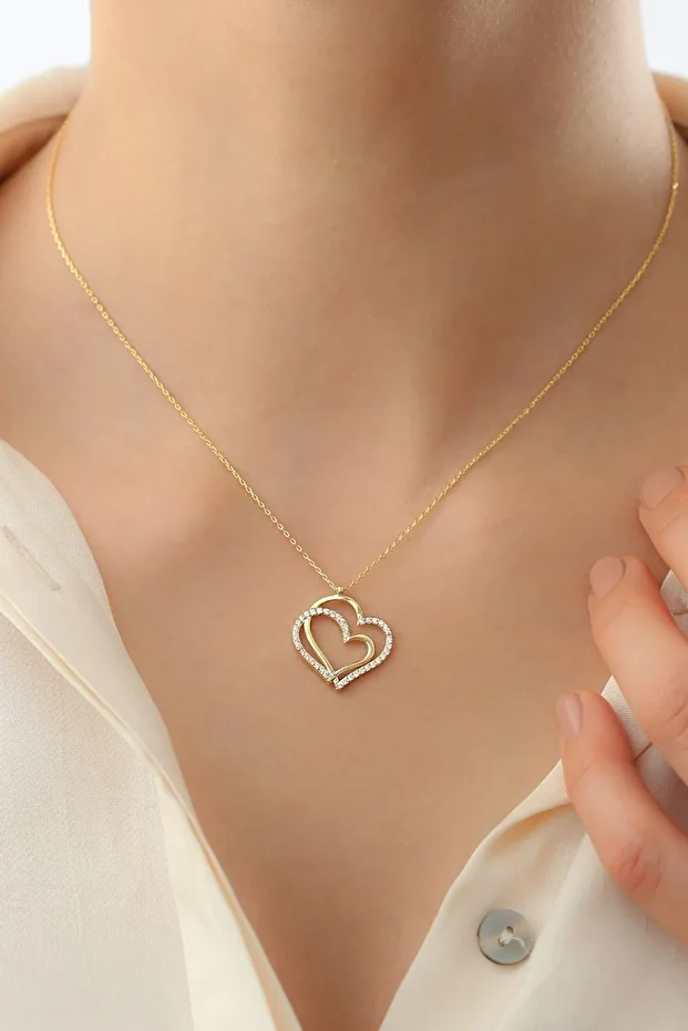 Gümüş Gold Çift Kalp Kolye