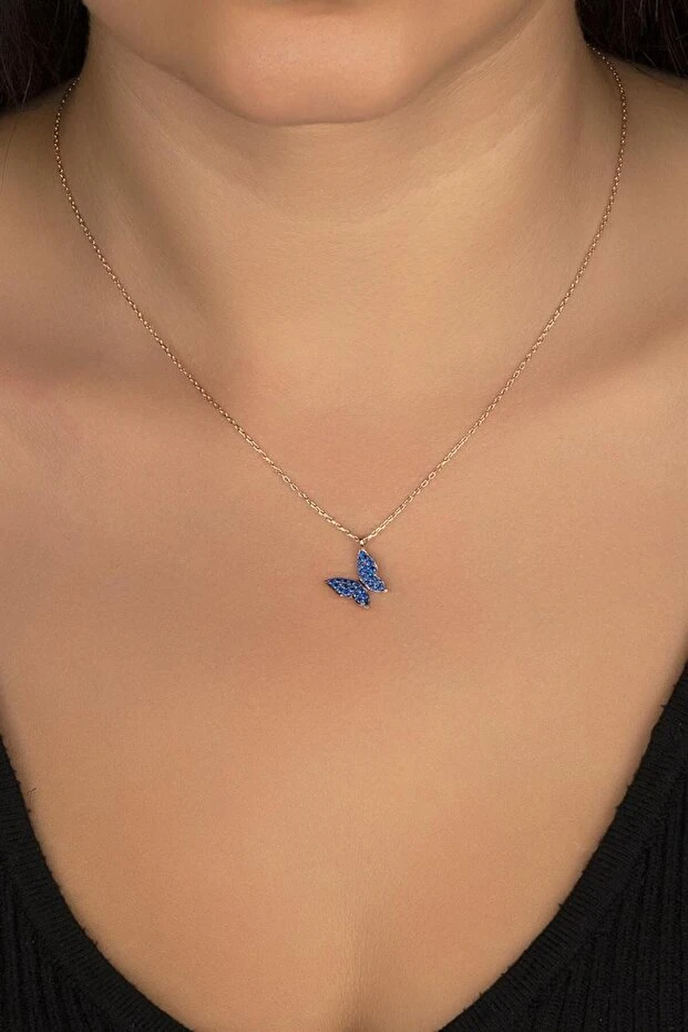 Mavi Kelebek Gümüş Kolye