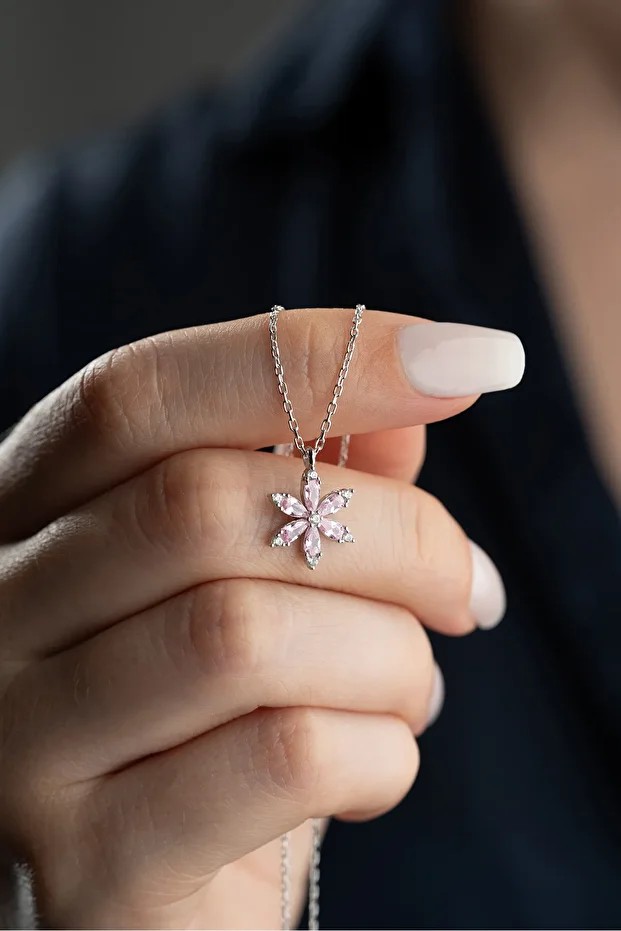 Gümüş Pembe Taşlı Lotus Kolye