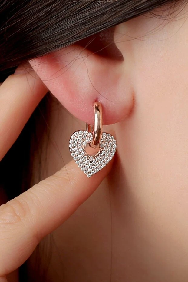 Sallantılı Kalp Rose Gümüş Küpe