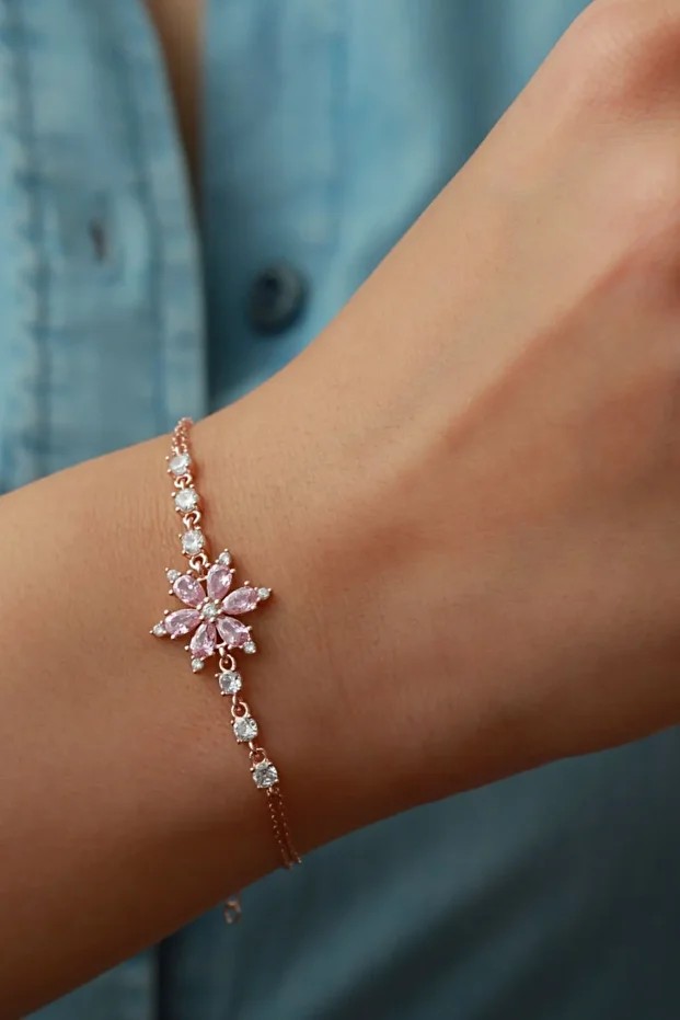Rose Pembe Taşlı Lotus Gümüş Bileklik