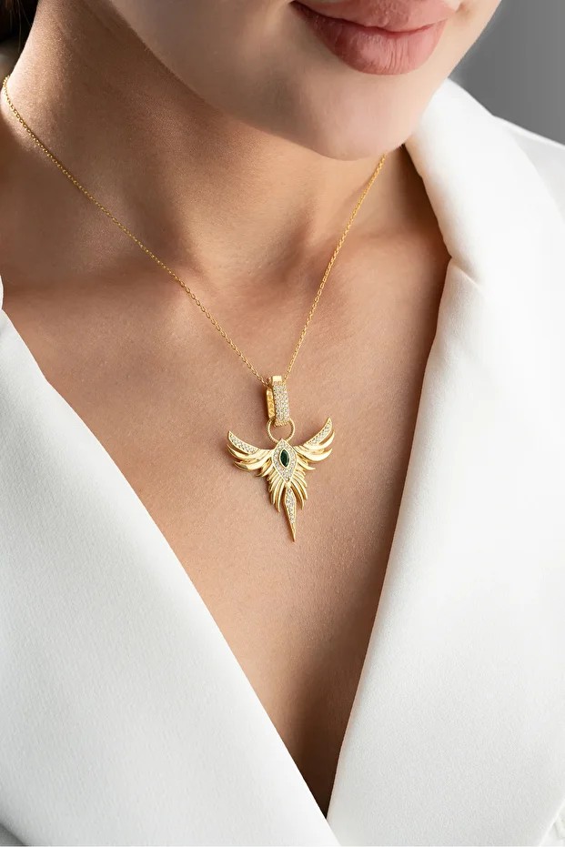 Gümüş Gold Zirkon Zümrüdüanka Kolye