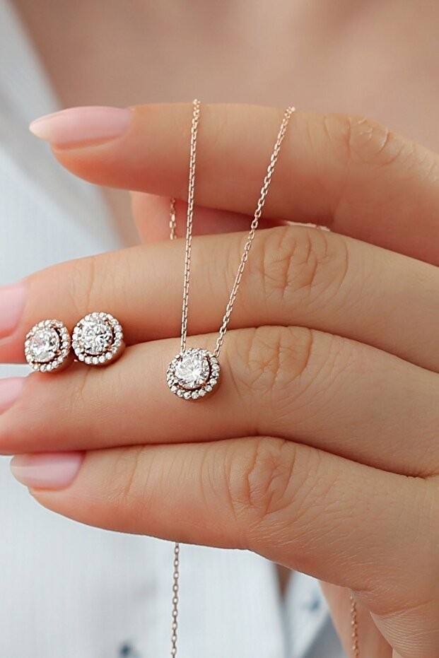 Gümüş Pırlanta Model Kolye Küpe Seti ( Rose Gold )