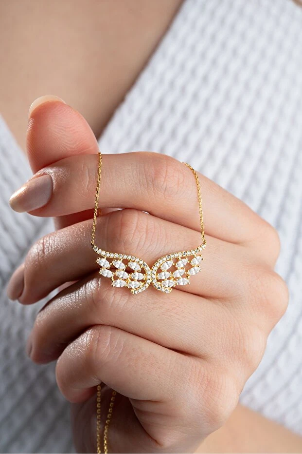 Gümüş Gold Baget Taşlı Kanat Kolye