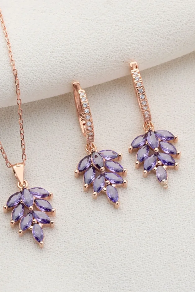 Gümüş Yaprak Model Küpe Kolye Takı Seti