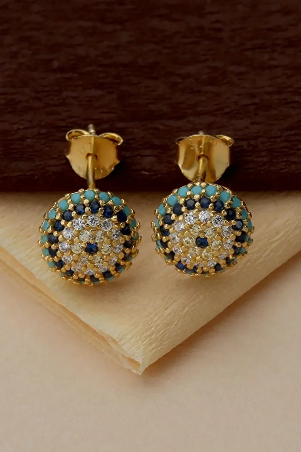 Gümüş Gold Çivili Nazarlı Göz Küpe