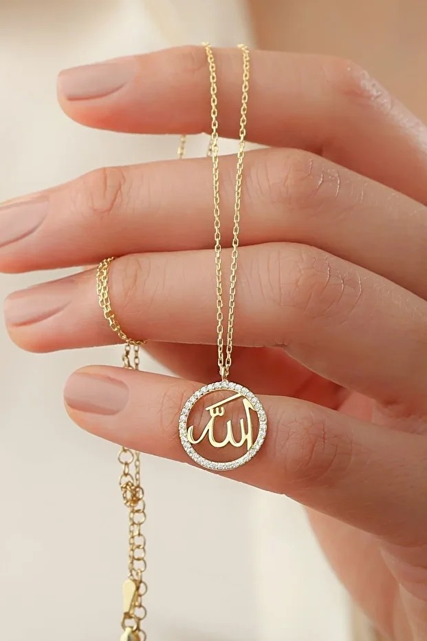 Gümüş Allah Yazılı Taşlı Gold Kolye