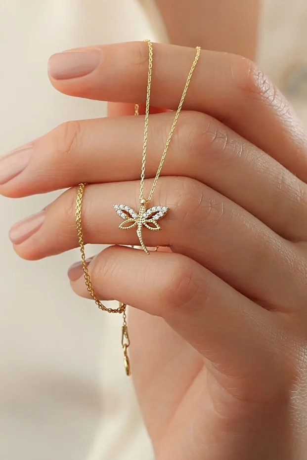 Gümüş Gold Zirkon Taşlı Minimal Yusufçuk Kolye