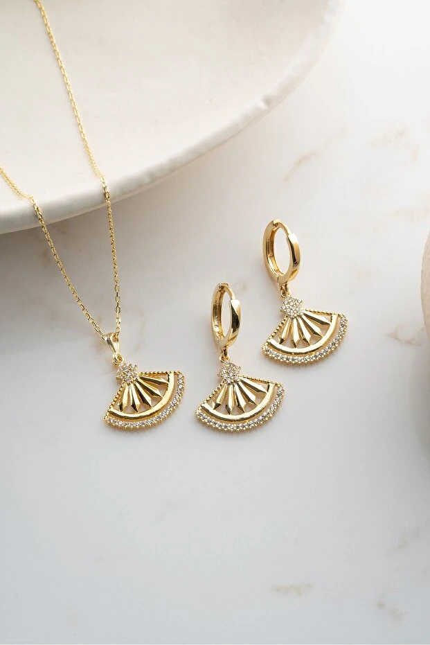 Gümüş Zirkon Taşlı Yelpaze (Kolye-Küpe) Set