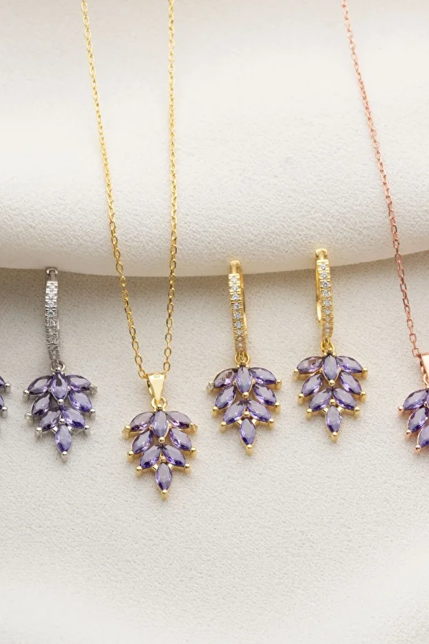 Gümüş Yaprak Model Küpe Kolye Takı Seti