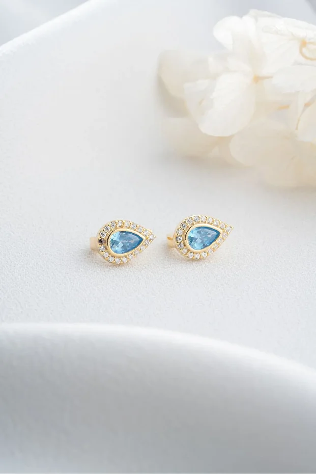 Gümüş Mavi Zirkon Taşlı Damla Küpe