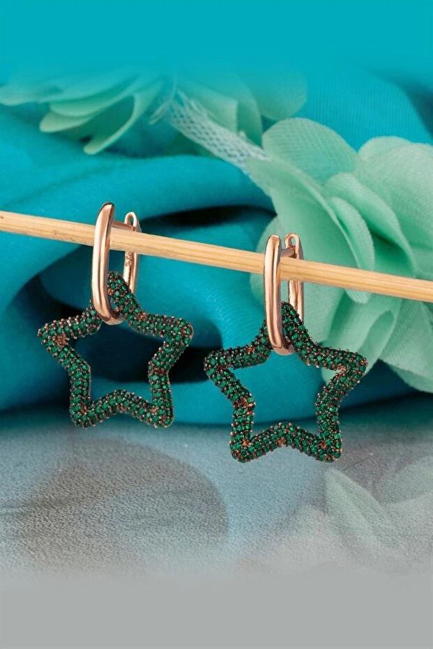 Gümüş Yeşil Taşlı Yıldız Küpe