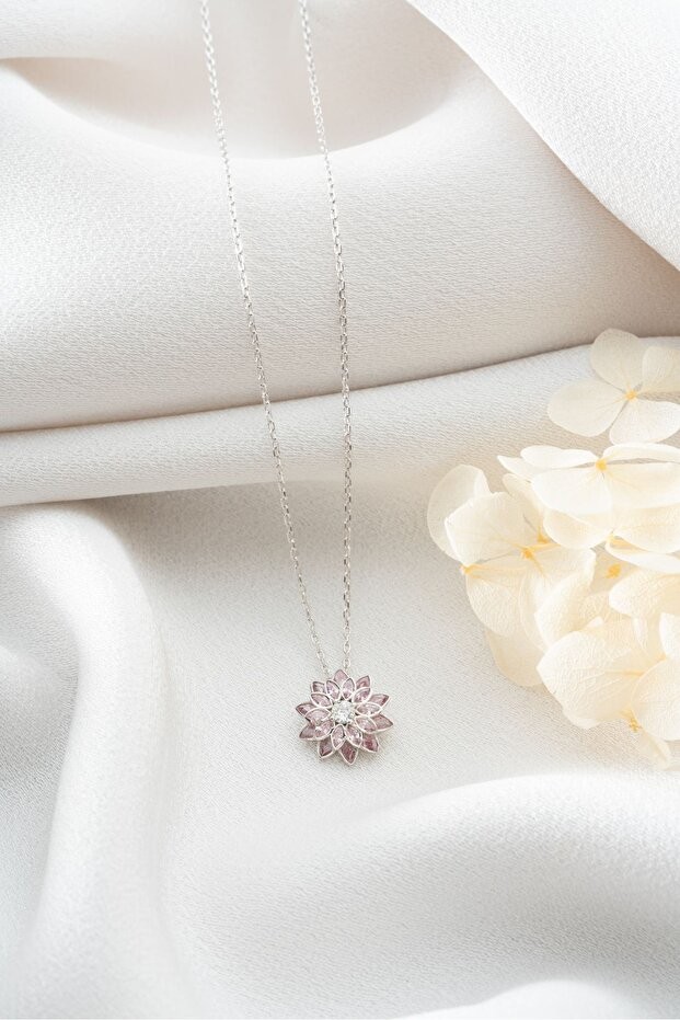 Gümüş Pembe Lotus Çiçeği Kolye