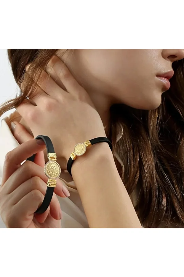 Gümüş Gold Tuğralı Kauçuk Bileklik