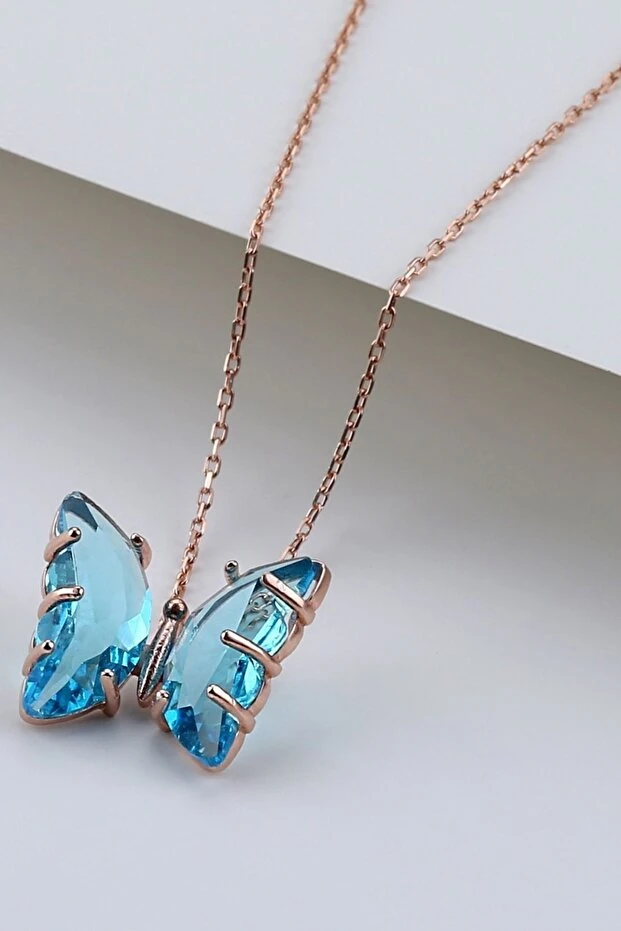 Gümüş Rose Turkuaz Cam Kelebek Kolye