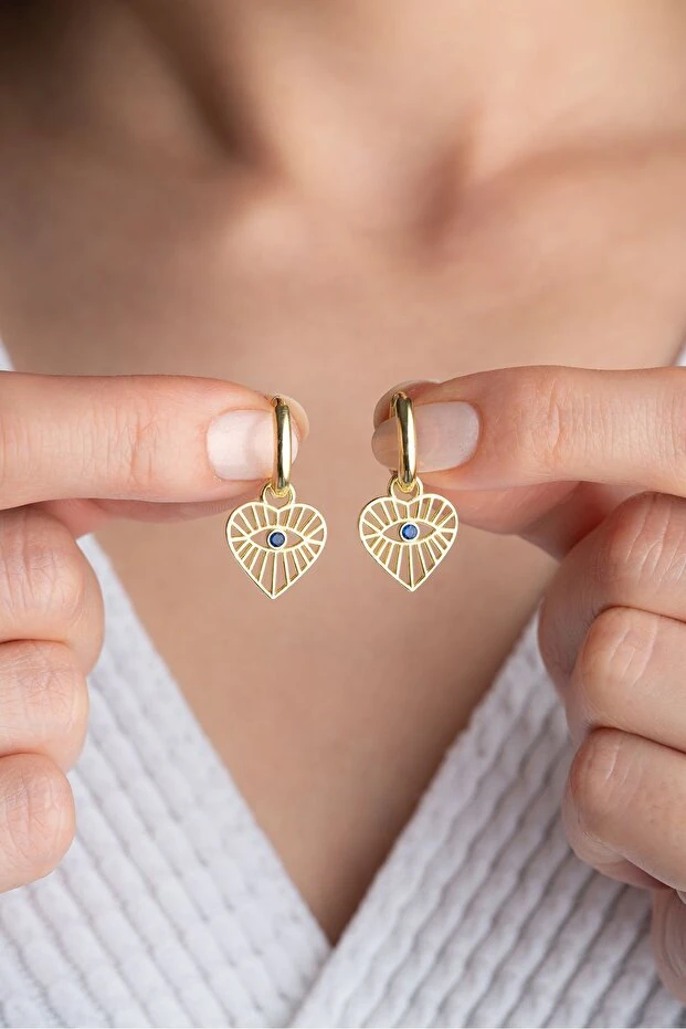 Gümüş Gold Göz Detaylı Kalp Küpe