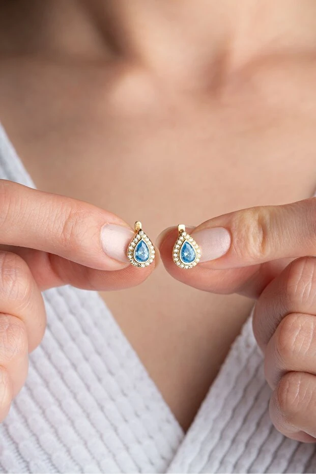 Gümüş Mavi Zirkon Taşlı Damla Küpe