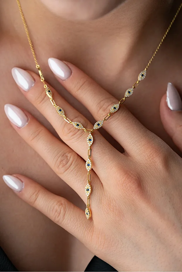 Gümüş Taşlı Y Zincir Göz Kolye