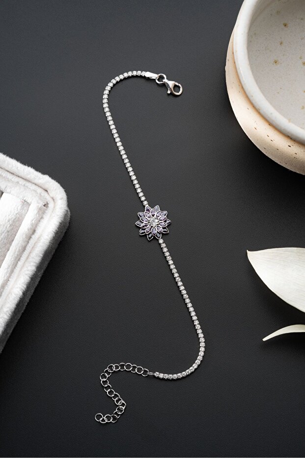 Gümüş Mor Taşlı Lotus Su Yolu Bileklik