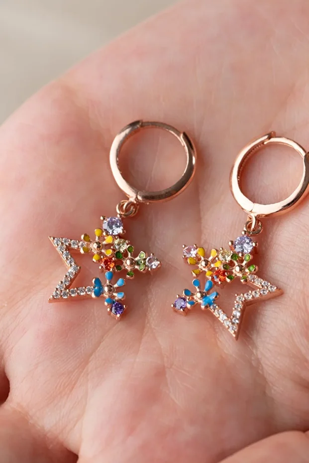 Gümüş Rose Mix Taşlı Yıldız Küpe