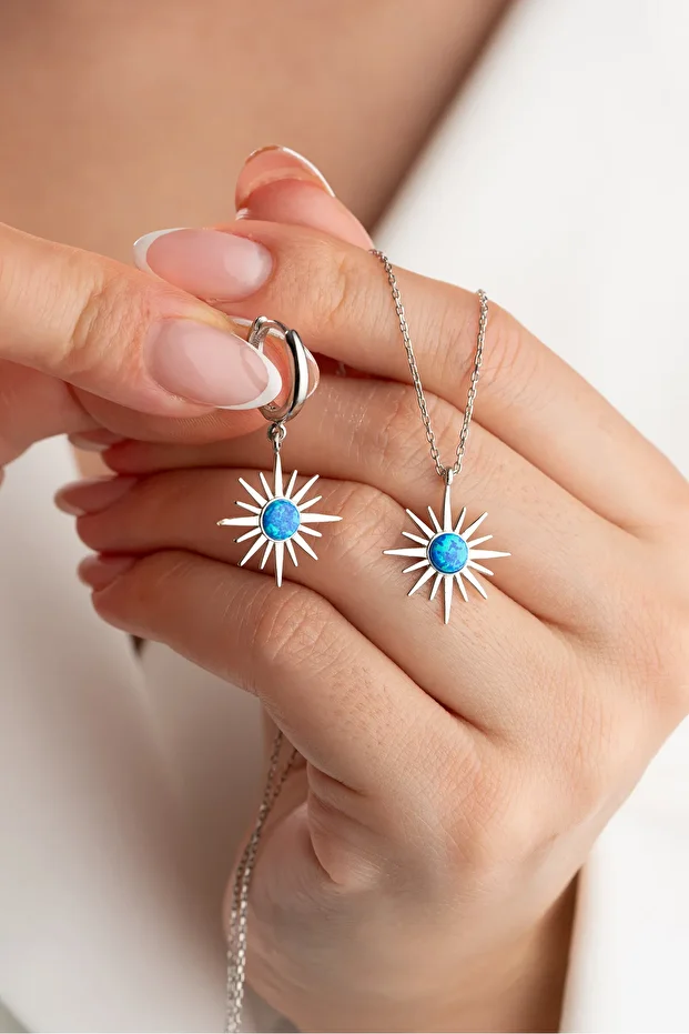 Gümüş Opal Taşlı Kutup Yıldızı (Kolye-Küpe) Seti