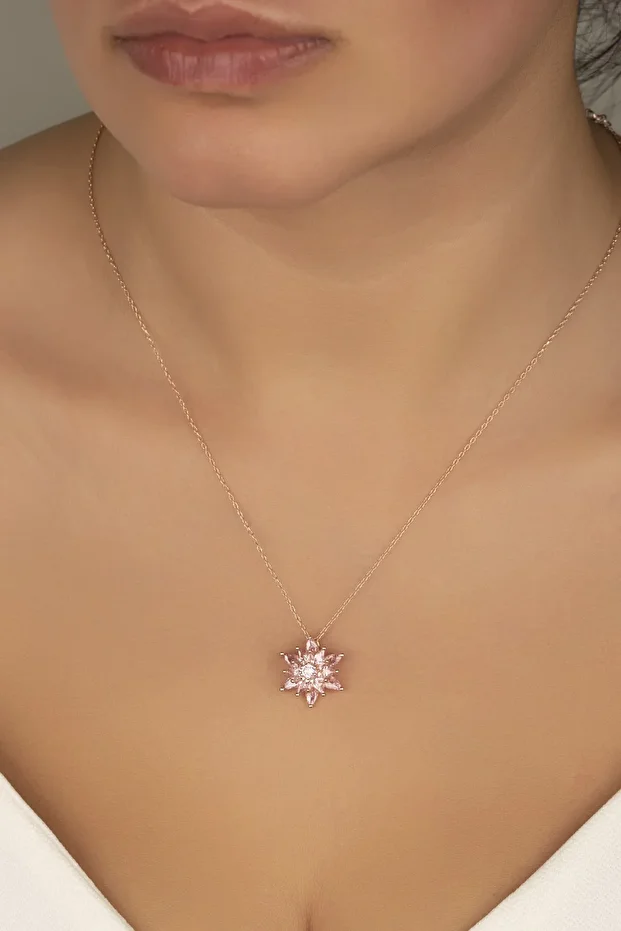 Gümüş 4 Katman Pembe Lotus Çiçeği Kolye