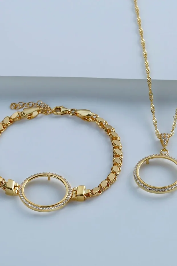 Gümüş Çeyrek Altın Için Pullu Zincir Bileklik & Kolye Set