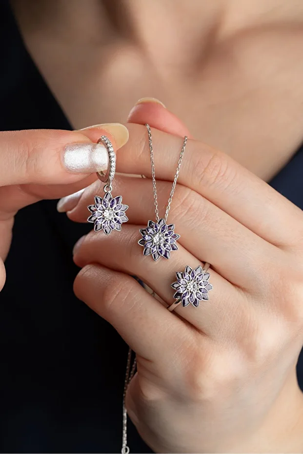 Gümüş Lotus Çiçeği Takı (Kolye-Küpe-Yüzük)Seti