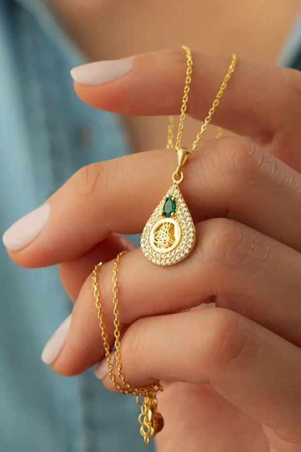 Gold Zirkon Taşlı Tuğralı Gümüş Kolye