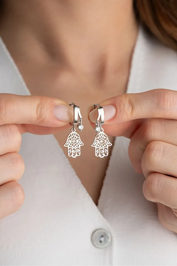 Gümüş Çift Taşlı Fatma Ana Eli Küpe