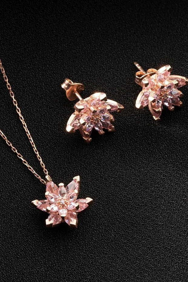 Gümüş Pembe Lotus Çiçeği Kolye Küpe Seti